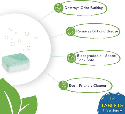 Dishwasher Cleaner, Heavy Duty, Septic Safe, Removal of Odors, Limescale, Smell, Grime, and Calcium - 12 Tablets - 12 Month Supply - Unscented...