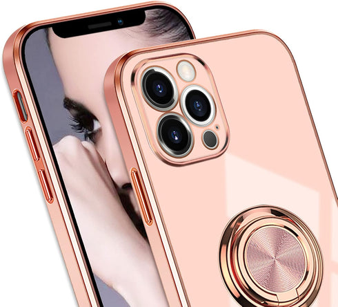 Omorro Rose Gold iPhone 13 Pro Case for Women - Kickstand Ring Holder with 360 Rotation, Magnetic Mount Compatible, Slim Luxury Girly Case in Pink...