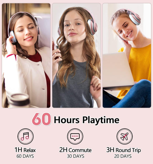 9S Over Ear Bluetooth Headphones, 60 Hours Playtime, Hi-Fi Stereo, Deep Bass, Microphone, Foldable, Rose Gold...