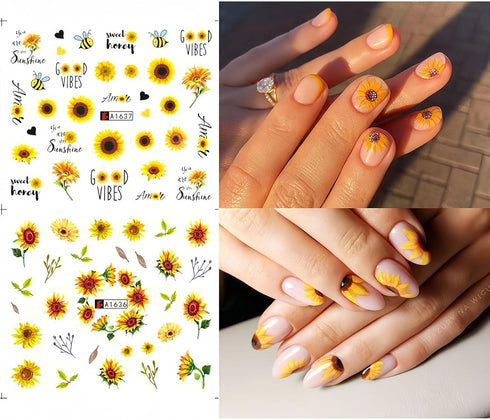Flower Nail Art Stickers Decals Spring Summer Floral Nail Art Supplies Water Transfer Sunflower Bee Butterfly Design Yellow Flowers Nail Accessori...