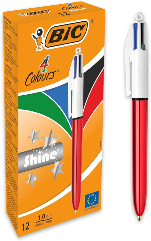 Bic 4 Colours Shine Ballpoint Pens Medium Point (1.0 mm) - Metallic Red Barrel, Box of 12...