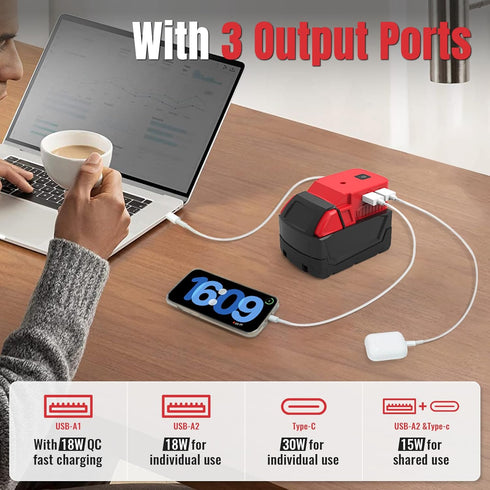 Power Wheels Battery Adapter with USB Ports & XT60 Port, Fit for Milwaukee 18v Battery, Power Adapter for Mobile Devices, Electric Vehicles, DIY P...