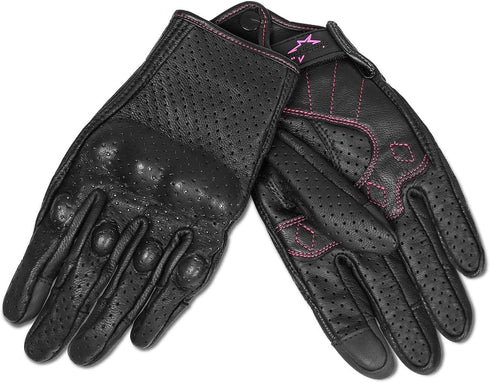 Women ’s Touchscreen Motorcycle Gloves Full Finger Black Leather Armored Ladies Motorbike Gloves (G01W-Black Leather with Rose Line, M)...