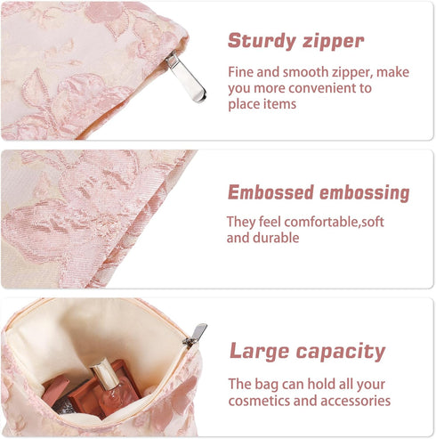 Flower Makeup Bag Travel Large Floral Cosmetic Bags for Women Cute Makeup Pouch Zipper Cosmetic Pouch for Purse Embossed Pink Aesthetic Makeup Org...