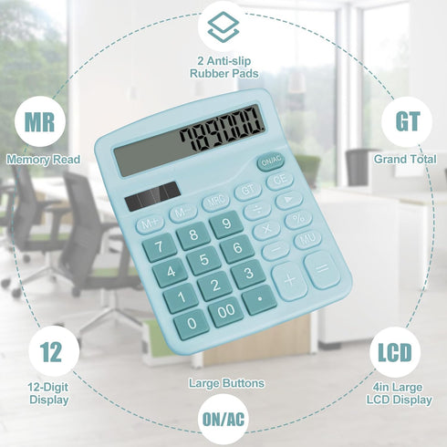 Desktop Calculator, Light Blue Calculator Big Buttons, 12-Digits Large LCD Display, Solar and AA Battery Dual Power, Desk Calculator for Office Ho...