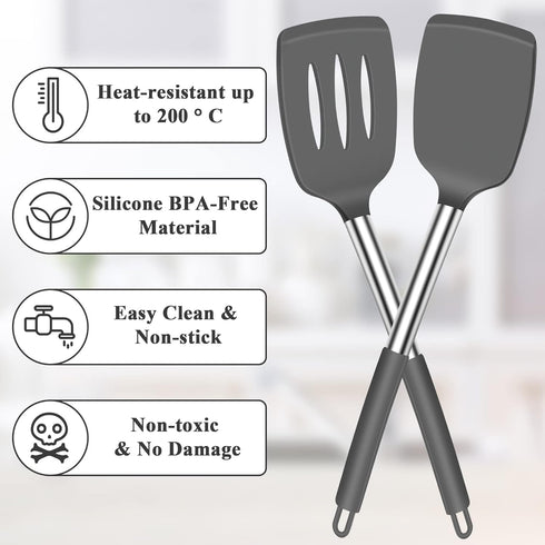 Silicone Cooking Spatula Turner, Heat Resistant Large Silicone Slotted Spatula Solid Spatulas for Nonstick Cookware, BPA Free Black Silicone Kitch...