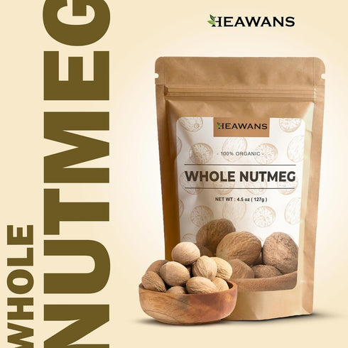 Heawans Organic Whole Nutmeg 4.5 oz, Premium Grade, Packed in a stand up resealable pouch....