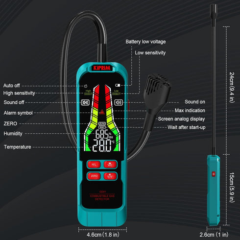 Kiprim High Sensitivity Gas Leak Detector HVAC Tools Natural Gas Detector with 9.4-Inch Probe, Portable Gas Tester with Audible & Visual Alarm to ...