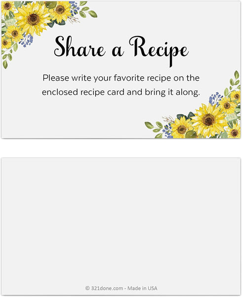 321Done Sunflower Request a Recipe Card (Set of 50) 3.5x2 White - Floral Recipe Share Insert Card for Bridal Shower Invitation, Keepsake, Heavy Ca...