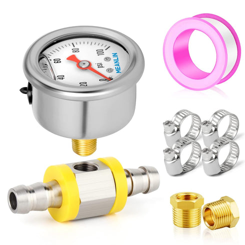 MEANLIN MEASURE 0-100Psi Stainless Steel Glycerin Filled Pressure Gauge 1/8" NPT 1.5" FACE DIAL, with 3/8" Line Pressure Adapter Liquid Filled Pre...