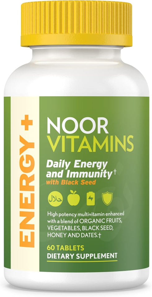 Noor Vitamins Energy+ Multivitamin; Halal Vitamin for Energy Production & Immunity, 26 Vitamins & Minerals, Black Seed, Dates, Honey, for Men & Wo...