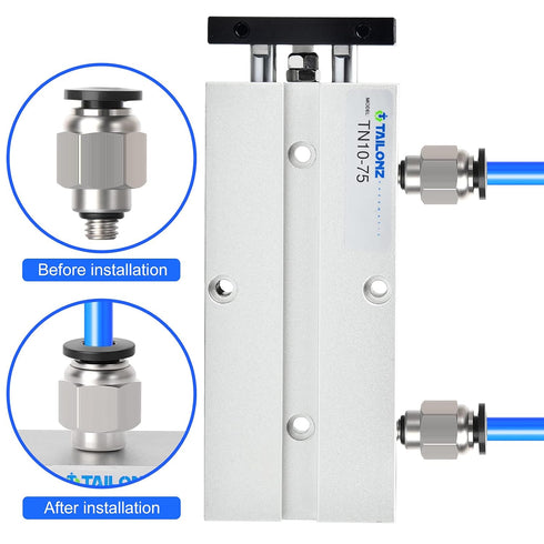 TAILONZ PNEUMATIC 10mm Bore 75mm Stroke Double-Rod Double-Acting Aluminum Pneumatic Air Cylinder TN10-75...