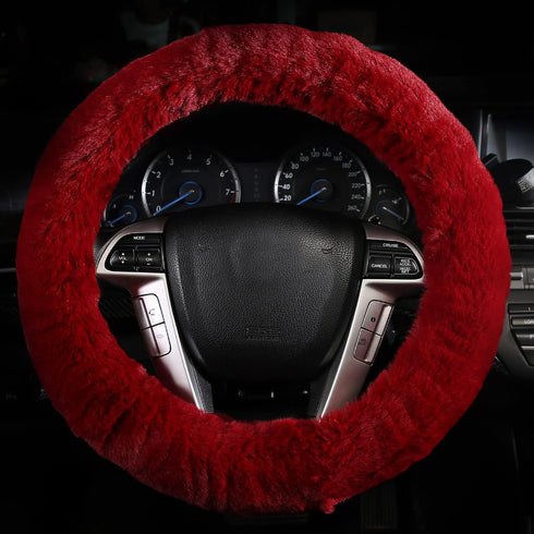 4 Pcs Furry Car Steering Wheel Cover with Fluffy Gear Shift Cover Soft Warm Non-Slip Car Decoration for Women Girls (Wine-red)...