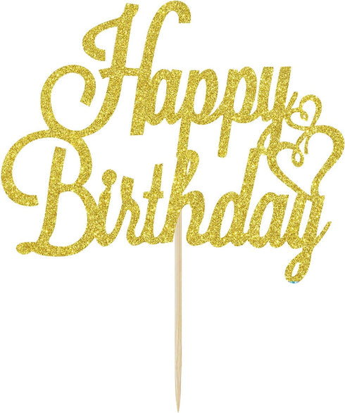 Happy Birthday Cake Topper Gold Glitter Happy Birthday Cake Pick for Celebrating Birth day Anniversary Party Decorations Supplies for Women Men Bo...