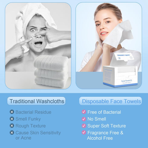 GRANNY SAYS Disposable Face Towel, Face Towelettes Disposable Biodegradable, 50 Count Extra Thick Soft Face Towels, Clean Skin Towels for Remove M...