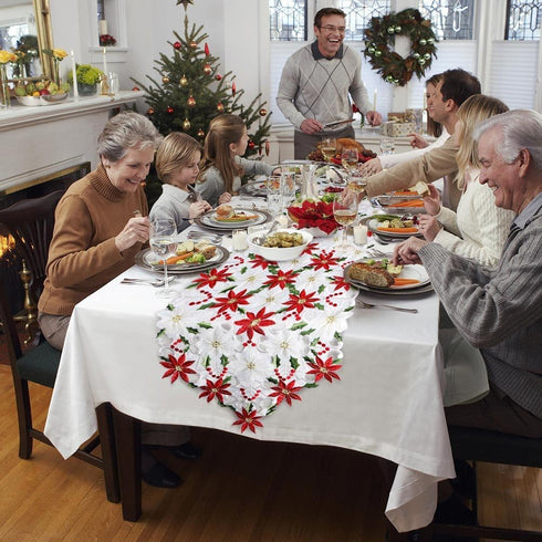 OurWarm Christmas Embroidered Table Runners Poinsettia Holly Leaf Table Linens for Christmas Decorations 15 x 70 Inch...