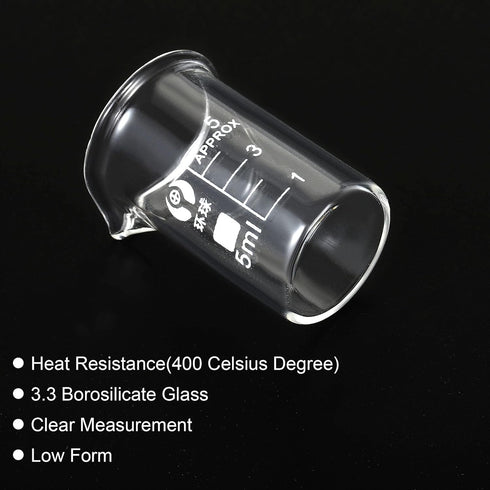 PATIKIL 5ml Low Form Glass Beaker, 3.3 Borosilicate Glass Graduated Printed Scale Measuring Cups with Spout for Kitchen Lab Liquids Transit Boilin...