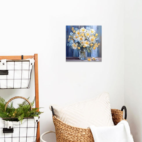 CCWACPP Bathroom Floral Wall Art Daisy Yellow and White Flowers in Bottle Canvas Picture Print Rustic Farmhouse Bedroom Home Decor Frame (12x12inc...