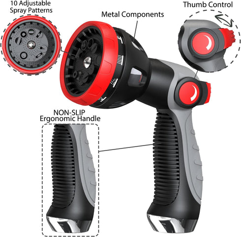 Garden Hose Nozzle - 10 Adjustable Patterns Metal High Pressure Hose Nozzle, Garden Hose Spray Nozzle with Thumb Control Design, Hose Sprayer for ...