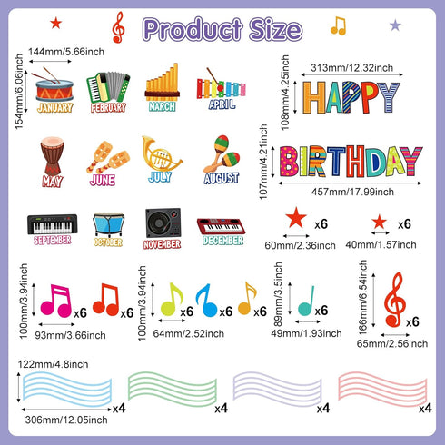 84 Pieces Happy Birthday Classroom Bulletin Board Set Music Birthday Cutouts Bulletin Board Musical Note Staff Birthday Cutouts for Music Birthday...