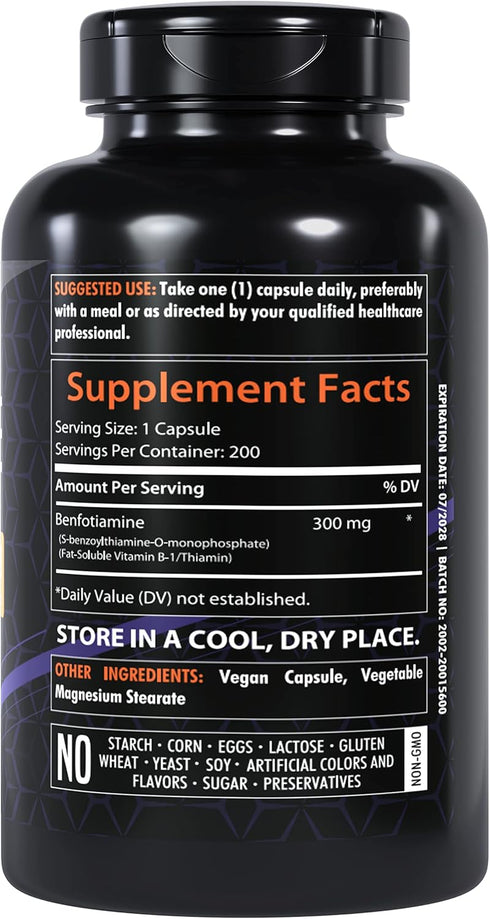 Benfotiamine 300mg | 200 Capsules | Fat Soluble Thiamine Vitamin B1 | Supports Overall Health | Non-GMO | Gluten Free...