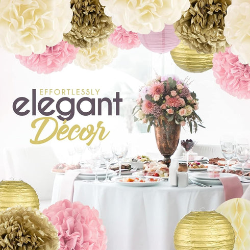 EpiqueOne 22-Piece Tissue Paper Pom Poms Party Set - Pink, Gold & Ivory | Includes 12 Pom Poms, 6 Paper Lanterns, 3 Honeycomb Balls & 1 6.5 ft. Ga...
