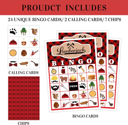Lumberjack Party Bingo Game, 24 Player Woodland Bear Bingo Cards Set for Family Friend Activity, Gender Reveal Party Favor Decoration Holiday Supp...