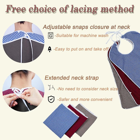 3PK Adult Bibs for Eating-Washable Reusable Waterproof Clothing Protector with Crumb Catcher-Large Adult Feeding Bibs Clothing Protector(Red, brow...