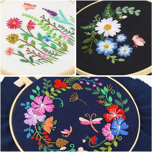 Caydo 3 Sets Cross Stitch Kits forBeginners, Adults Including Embroidery Fabric with Floral Pattern, Embroidery Hoop, Thread and Tools...