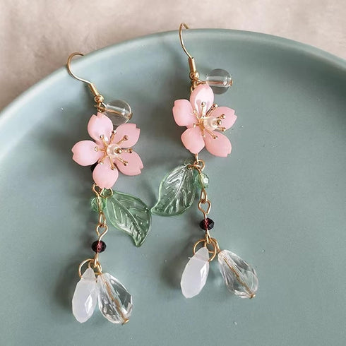 Pink Flower Dangle Earrings for Women Cute Cherry Blossoms Earrings Pearl Leaf Sakura Floral Drop Earrings Fairy Earrings Floral Tassel Earrings S...