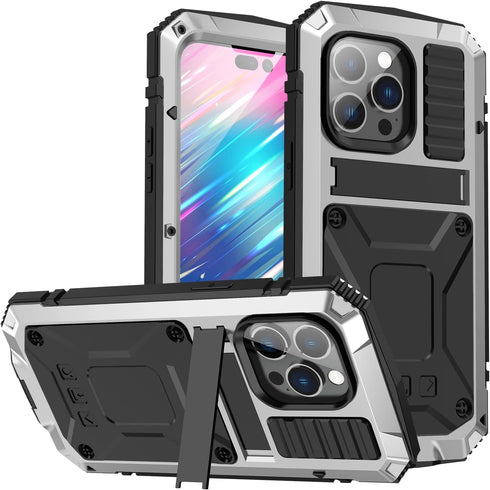 iPhone 14 5G Metal Case with Kickstand Built-in Screen Protector Camera Cover Sturdy Military Armor Durable Full Body Heavy Duty Shockproof Drop T...