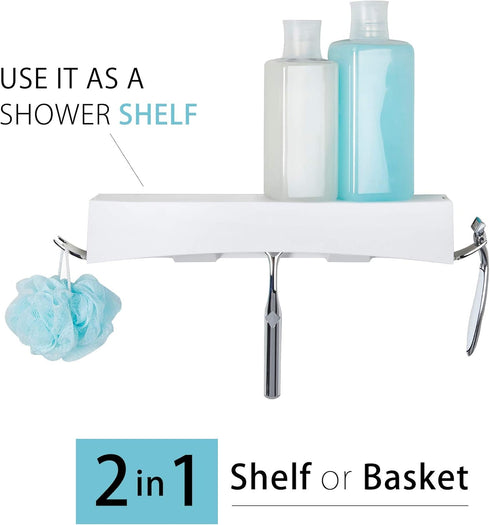 Better Living Clever Flip Shower Shelf, Basket or Shelf, Wall Mounted Shower Caddy Organizer with Removable Hooks, Multi-Purpose, No Drilling Adhe...