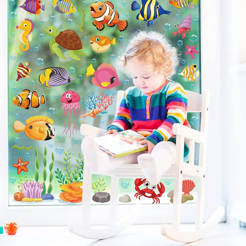 9 Sheets Summer Window Clings Ocean Themed Tropical Fish Window Decals Sea Life Double-Sided Window Decals for Summer School Home Office Bathroom ...