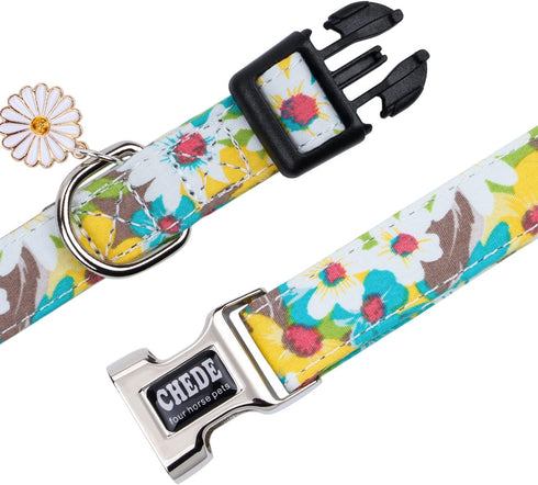 Cotton Dog Collar for Small Medium Large Dogs,Girl Dog Collar with Quick-Release Buckle,Flowers Soft Adjustable Pet Collar (Large, Yellow Daisy)...
