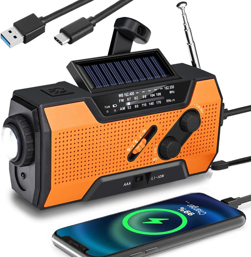 Emergency Weather Radio, Hand Crank, Portable, Solar Charging, with AM/FM/NOAA, LED Flashlights, Reading Lamp, SOS Alarm, Rechargeable (WB02 Yello...