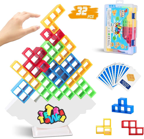 32 PCS Tower Stacking Game - Stack Attack Game for Adults & Kids, Balance Building Blocks, 2 Players Board Game for Family, Party, Friends...