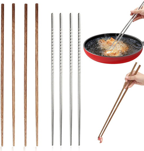 4 Pcs Long Cooking Chopsticks Reusable 15.3 Inch Non-slip Threaded Stainless Steel Chopsticks and 16.5 Inch Natural Wooden Extra Long Chopstick fo...