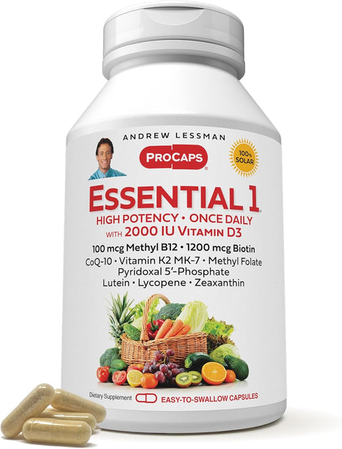 ANDREW LESSMAN Essential-1 Multivitamin 2000 IU Vitamin D3 30 Small Capsules - 100 mcg Methyl B12. CoQ10 Lutein Lycopene Zeaxanthin. High Potency....