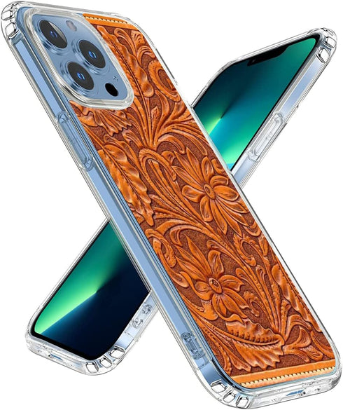 Pure Clear Anti-Scratch Case for iPhone 15 Pro Max Case Print Tooled Prints Brown Leather TPU Phone Case for Men Women Girl boy Funny Living Gift...