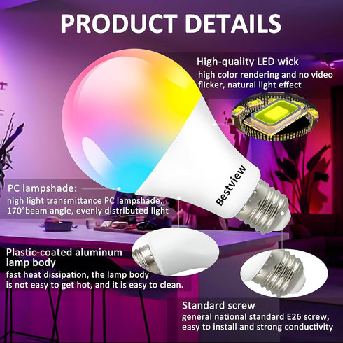 Bestview RGB LED Light Bulb, Color Changing Light Bulbs with Remote Control, RGBW Warm White 5W E27 Screw Base,Mood Flood E26 Light Bulb-16 Color ...