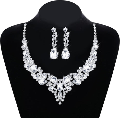 SAILIMUE Wedding Bridal Jewelry Set For Women Rhinestone Teardrop Cluster Statement Necklace Dangle Earrings Bracelet Jewelry Set For Wedding Part...