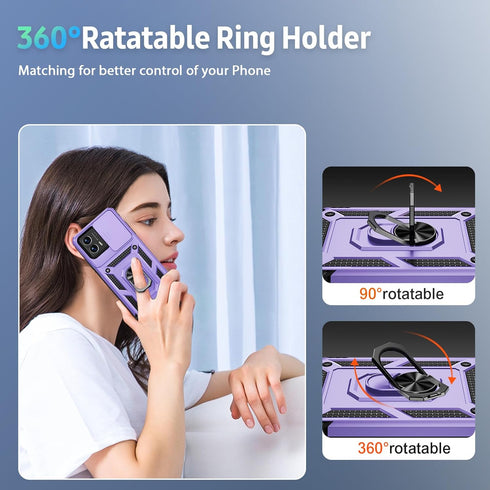 for Moto G 5G 2023 Case with Slide Lens Cover, HD Screen Protector, Military Grade Drop Protection, Magnetic Rotated Ring Holder Kickstand Phone C...