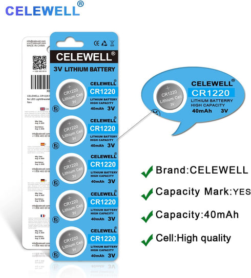 CR1220 5-Pack 3V Lithium Battery 40mAh for LED Light/Bracelet/Flashlight?5-Year Warranty?...
