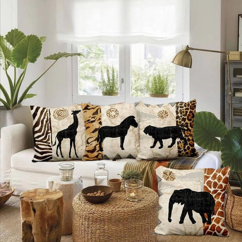 VENUSL Set of 4,African Animals,Giraffe,Elephant,Horse,Leopard with Zebra Pattern & Leopard Pattern Decorative Throw Pillow Covers,One-Side Printe...