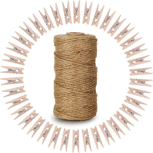 328 Feet Natural Jute Twine with 100 Pcs Mini Natural Wooden Clothespins Photo Pegs Craft Pictures Clips...