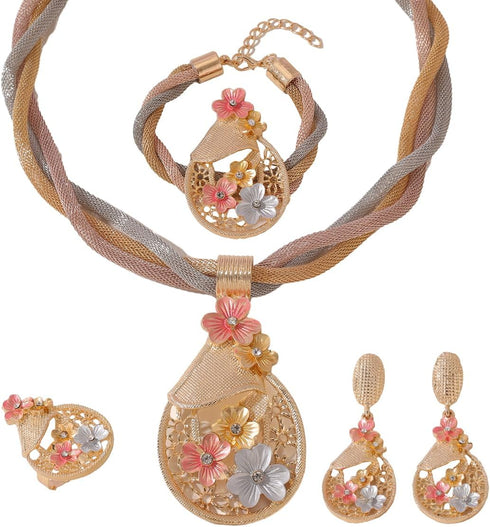 Gold Jewelry for Women Luxury African Dubai 18k Gold Plated Jewelry Sets Wedding Crystal Flower Necklace Earrings Set for Bridal Party Chunky Neck...