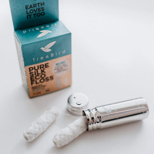Biodegradable Dental Floss | Refillable & Reusable Zero Waste Steel Dispenser | 2x33yd Waxed Natural Cruelty Free Peace Silk Spools | 100% Compost...