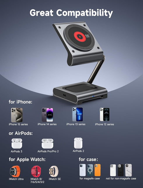 JSAUX 2-in-1 Wireless Charging Station, 15W Magsafe Charger Foldable Metal Magnetic Charger Stand Compatible with iPhone 15/15 Pro Max/14 13 AirPo...