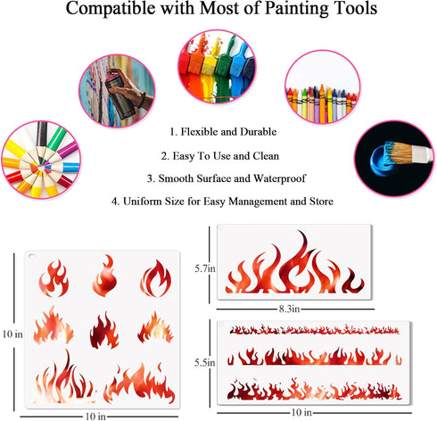 8PCS Flame Stencil Fire Airbrush Stencils for Shoes Reusable Airbrush Flame Template for Wood Sign Clothes Arts Window Wall Crafts Home Decor (Fir...