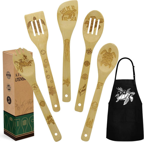 Sea Turtle Gifts for Women, Kitchen Decor Cooking Utensils Set include Unique Bamboo Cooking Spoons Apron, Personalized Christmas Mother's Day Hou...